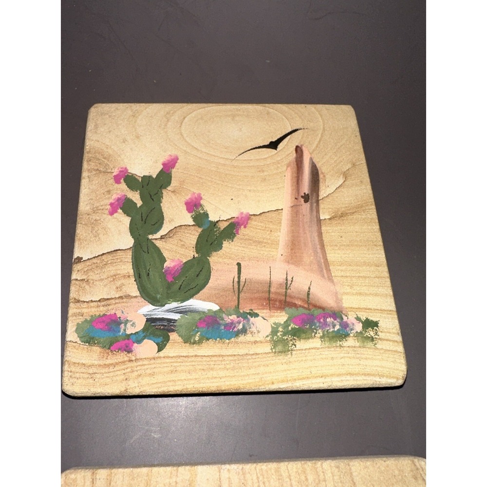 Sandstone Coaster Set Southwestern Signed Tasso Cactus Coyote Quail - Picture 3 of 7